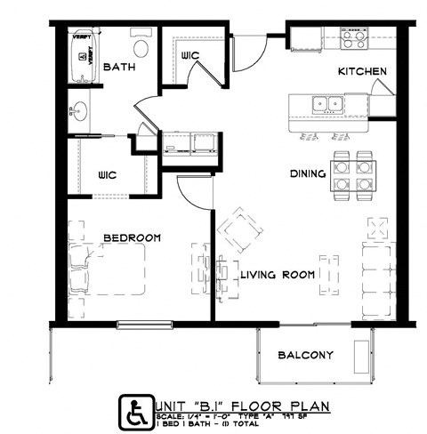 Floor plan for 1 bed, 1 bath, 797 sqft